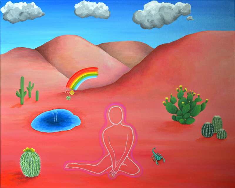 A peach mountain range with a blue sky that has three fluffy white clouds in it. There is a small blue pool of water in the mid-ground with a bit of rainbow to the right of the pool. There are barrel cacti, prickly pear cactus, and saguaro. There is the outline of a figure in the middle of the painting.