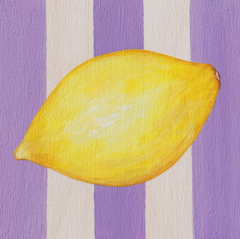 Alternating mid-toned purple and pale wood stripes. A yellow lemon is in the centre.